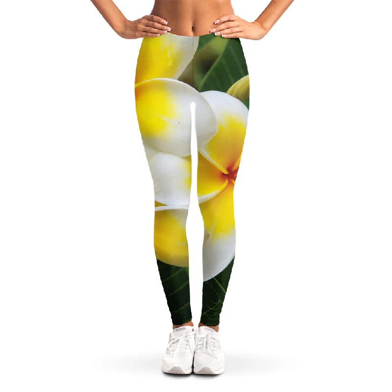 White And Yellow Plumeria Flower Print Women's Leggings Cozy Yoga Compression Leggings White And Yellow Plumeria Flower Print Women's Leggings Cozy Yoga Compression Leggings
