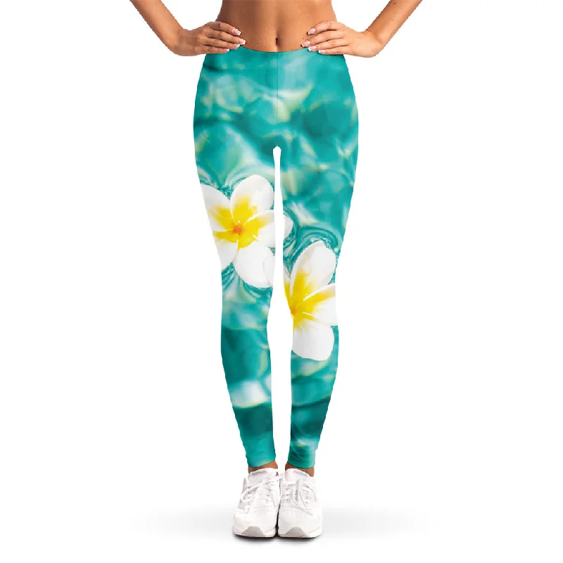 White And Yellow Plumeria In Water Print Women's Leggings Fashionable Ribbed Knit Leggings White And Yellow Plumeria In Water Print Women's Leggings Fashionable Ribbed Knit Leggings