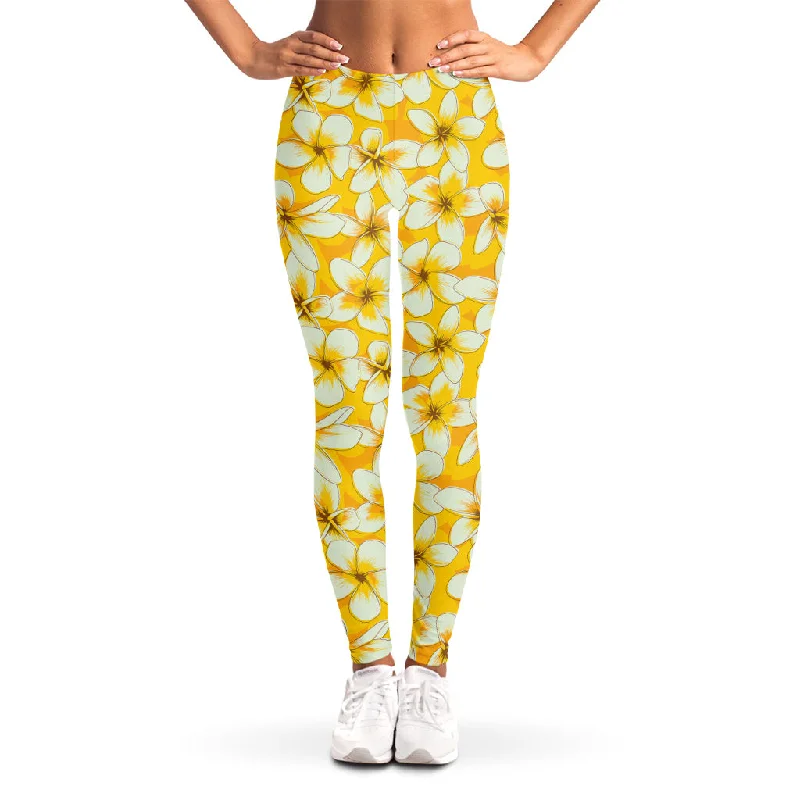 White And Yellow Plumeria Pattern Print Women's Leggings Elegant Animal Print Leggings White And Yellow Plumeria Pattern Print Women's Leggings Elegant Animal Print Leggings