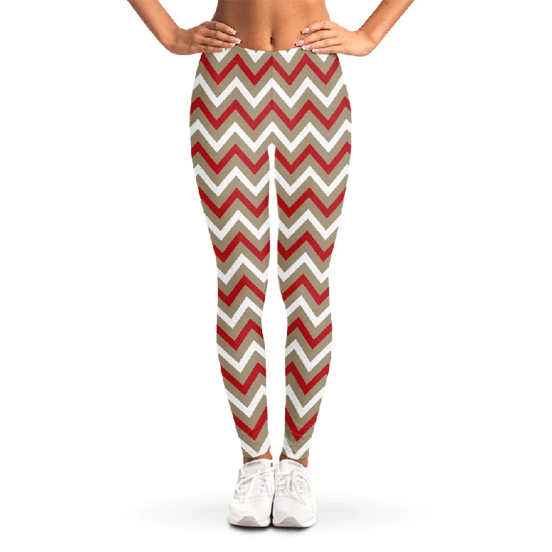 White Beige And Red Chevron Print Women's Leggings Fashionable Quick-Dry Yoga Pants