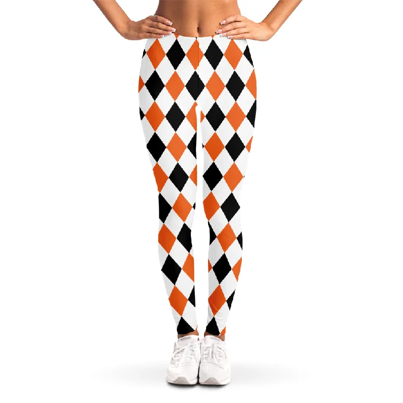 White Black And Orange Harlequin Print Women's Leggings Comfortable Classic Yoga Leggings White Black And Orange Harlequin Print Women's Leggings Comfortable Classic Yoga Leggings
