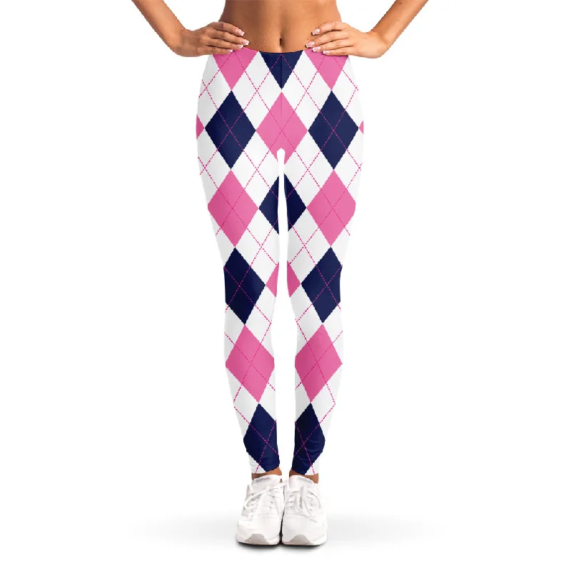 White Blue And Pink Argyle Pattern Print Women's Leggings Trendy Sweat-Wicking Workout Leggings White Blue And Pink Argyle Pattern Print Women's Leggings Trendy Sweat-Wicking Workout Leggings