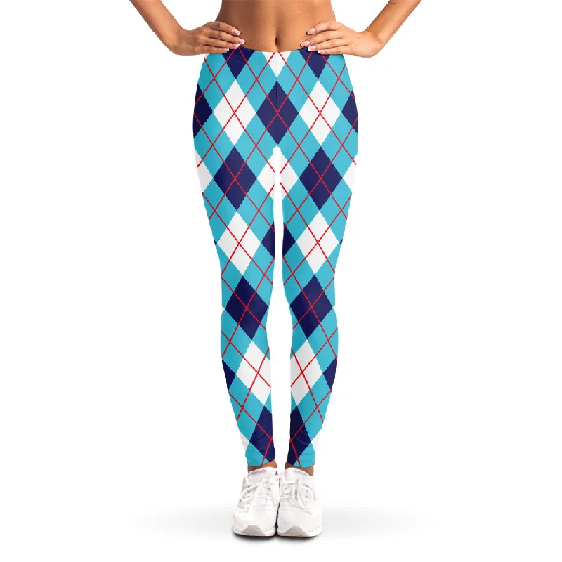 White Blue And Red Argyle Pattern Print Women's Leggings Trendy Faux Suede Leggings