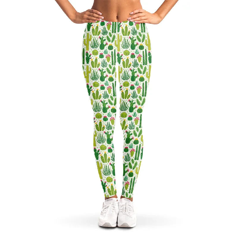 White Cactus Plant Pattern Print Women's Leggings Comfortable Ribbed Waistband Leggings White Cactus Plant Pattern Print Women's Leggings Comfortable Ribbed Waistband Leggings
