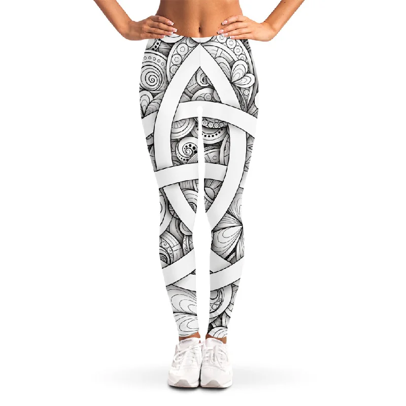 White Celtic Trinity Knot Symbol Print Women's Leggings Cozy Lounge Pants Leggings