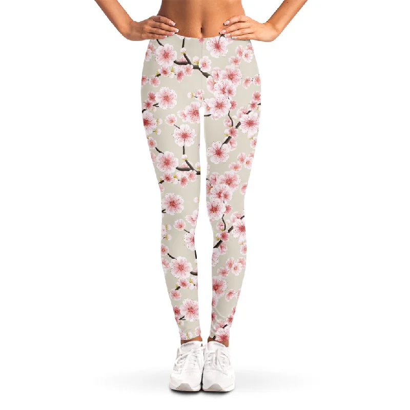 White Cherry Blossom Pattern Print Women's Leggings Trendy Seamless Fit Leggings