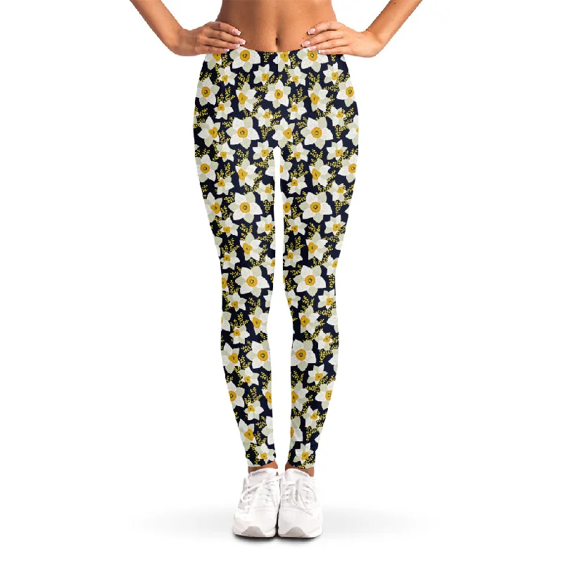White Daffodil Flower Pattern Print Women's Leggings Trendy Spandex Leggings