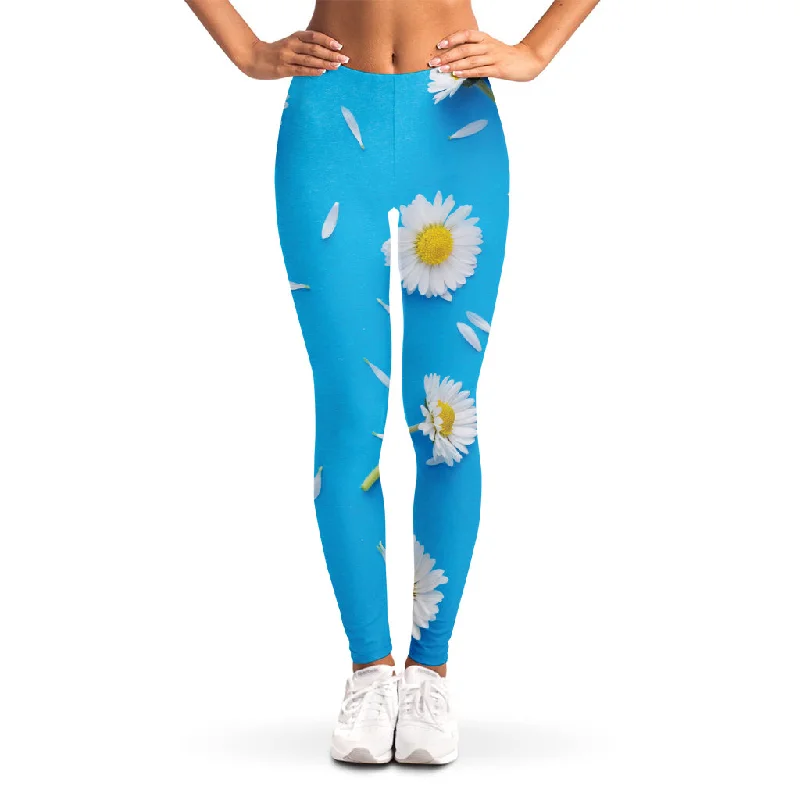 White Daisy Flower Print Women's Leggings Trendy Foil Finish Leggings