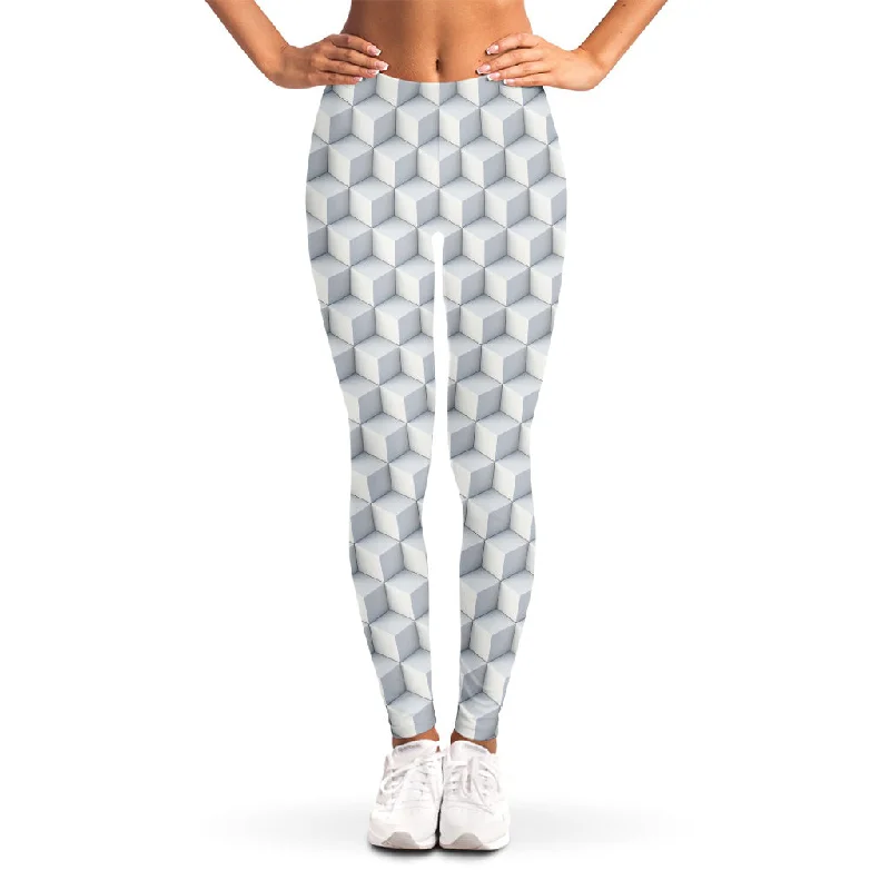 White Geometric Cube Shape Pattern Print Women's Leggings Trendy Ombre Effect Leggings White Geometric Cube Shape Pattern Print Women's Leggings Trendy Ombre Effect Leggings