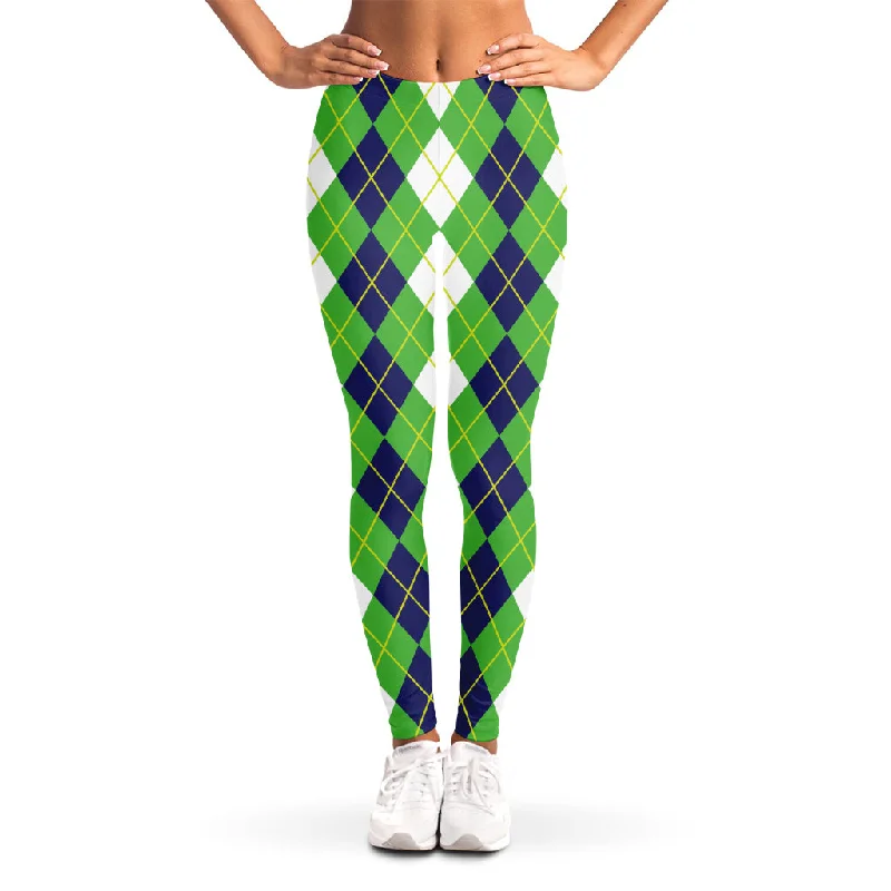 White Green And Navy Argyle Print Women's Leggings Cozy Cotton Leggings