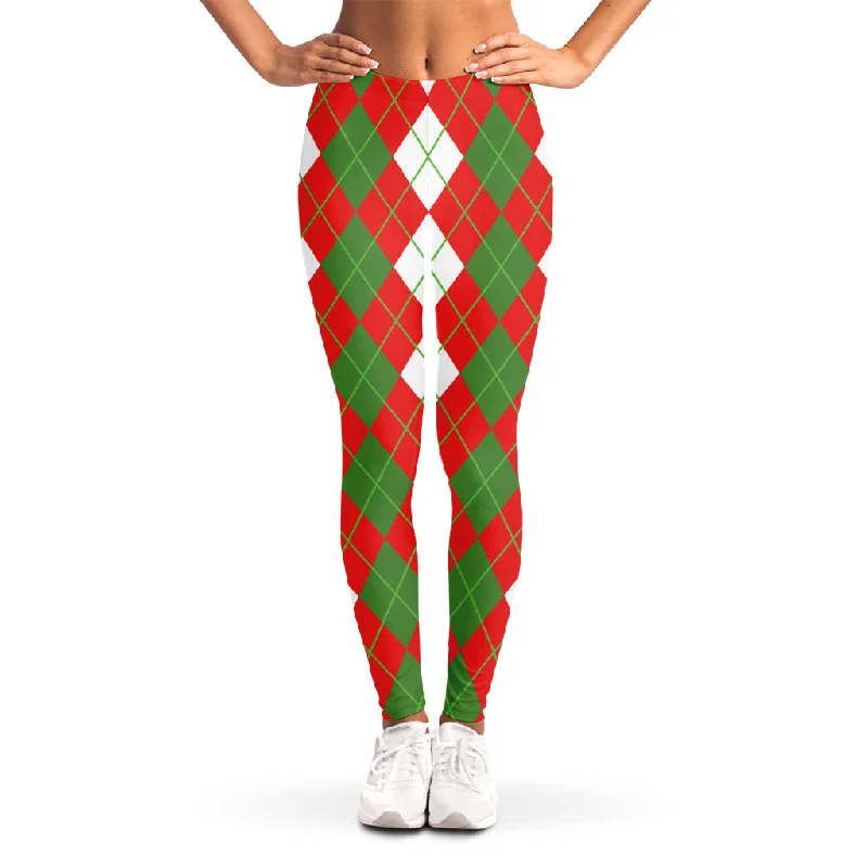 White Green And Red Argyle Pattern Print Women's Leggings Cozy Ribbed Leggings