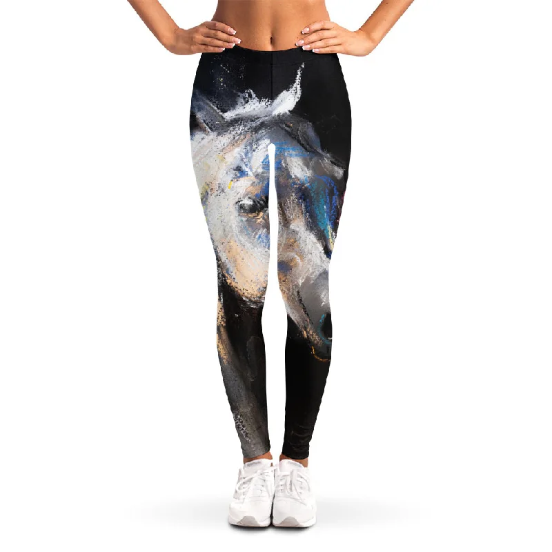 White Horse Portrait Print Women's Leggings Fashionable Leather-Look Leggings