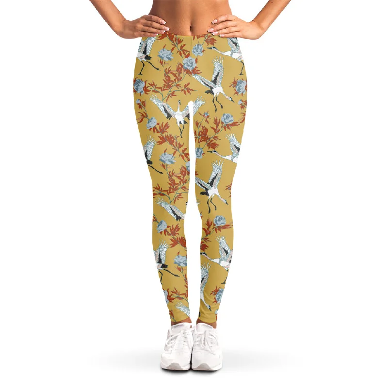 White Japanese Cranes Pattern Print Women's Leggings Stylish Lightweight Leggings