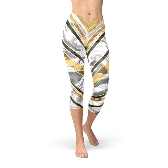 White Marble w/ Black Gold Lines Capri Leggings Stylish Stretch Print Leggings