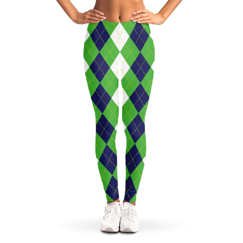 White Navy And Green Argyle Print Women's Leggings Fashionable Ribbed Knit Leggings