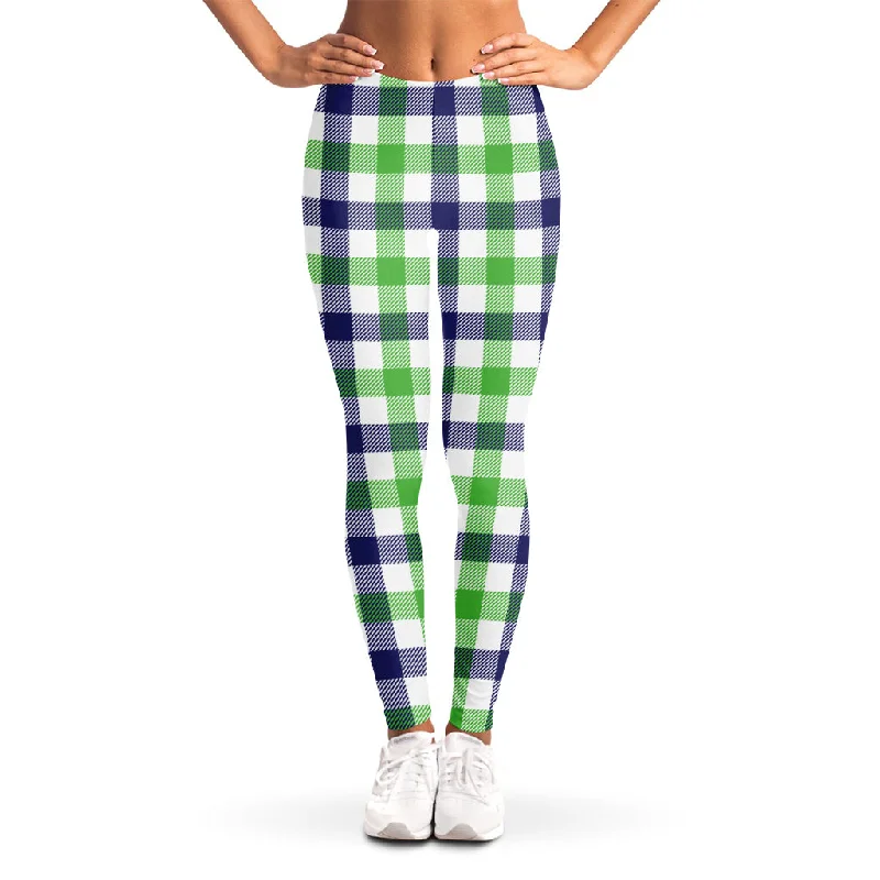 White Navy And Green Plaid Print Women's Leggings Comfortable Slip-On Compression Leggings