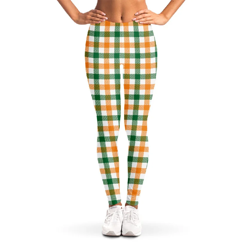 White Orange And Green Plaid Print Women's Leggings Cozy Yoga Compression Leggings