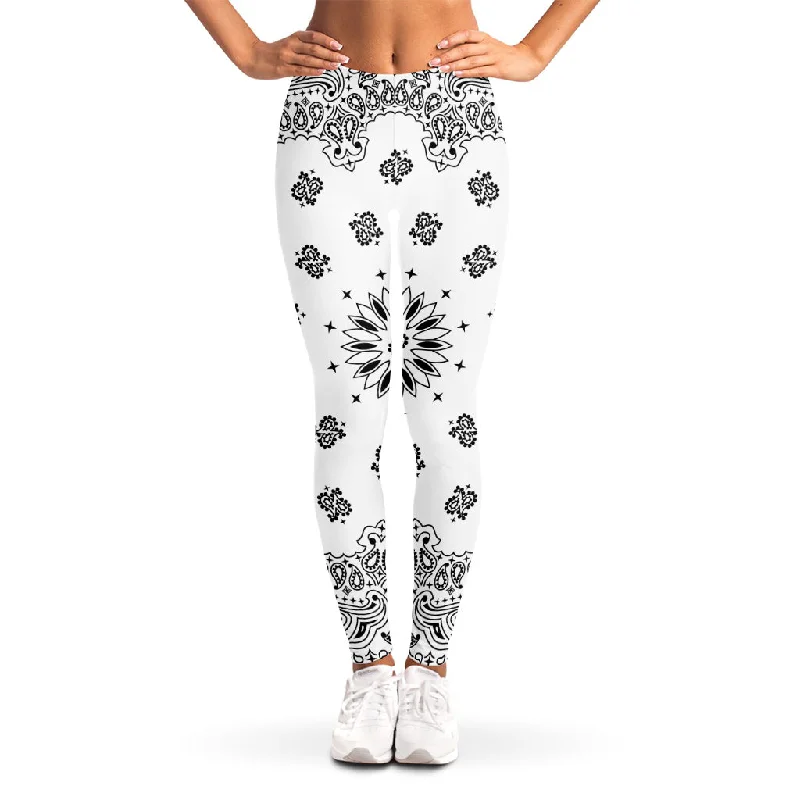 White Paisley Bandana Print Women's Leggings Stylish Compression Fit Leggings