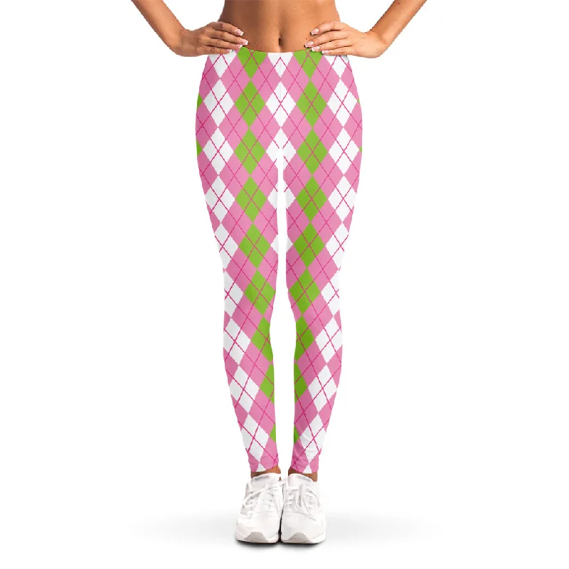 White Pink And Green Argyle Print Women's Leggings Trendy Fitness Leggings