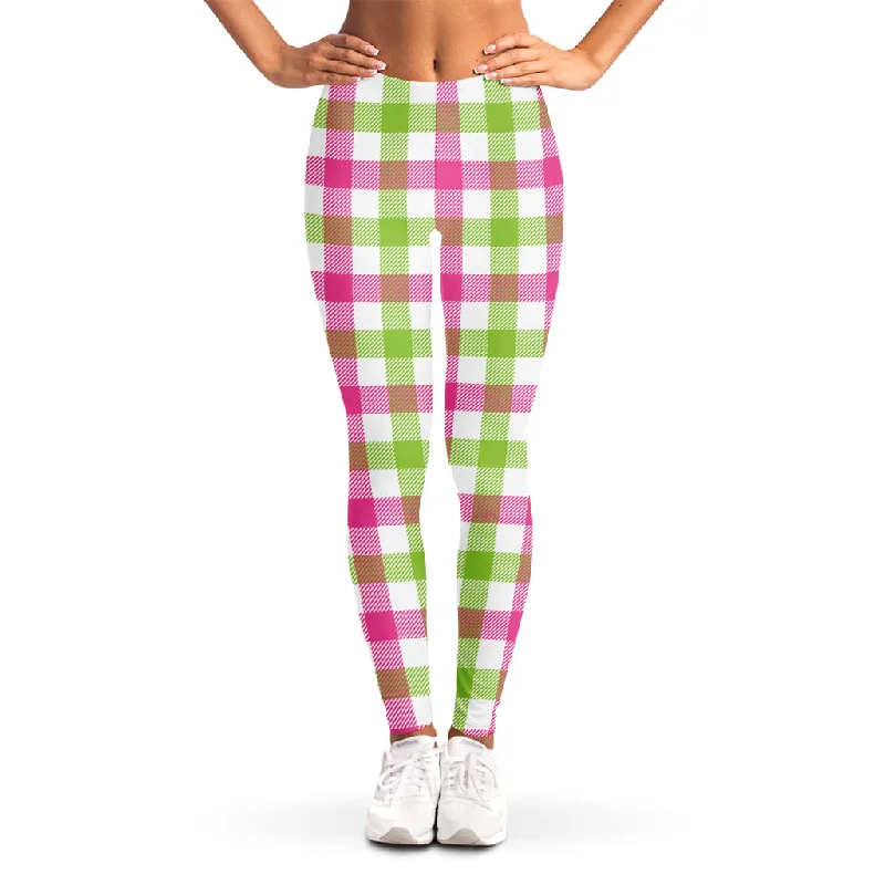 White Pink And Green Buffalo Plaid Print Women's Leggings Stylish Sweat-Proof Leggings White Pink And Green Buffalo Plaid Print Women's Leggings Stylish Sweat-Proof Leggings