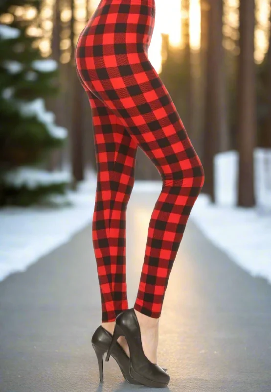 Womens Red Plaid Christmas Legging, Soft Yoga Pants, Sizes 0-22, No Roll Waist, Red/Black Stylish Athletic Wear Leggings