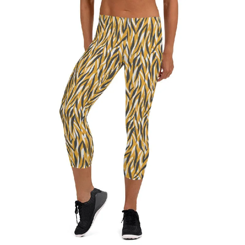 Yellow Animal Print Women's Capri Leggings Stylish Side-Stripe Leggings