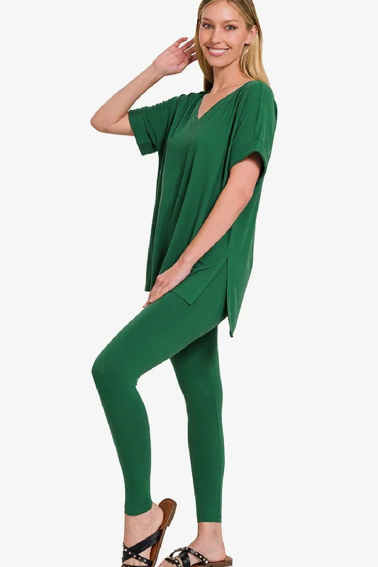 Zenana V-Neck Rolled Short Sleeve T-Shirt and Leggings Lounge Set Cozy Reflective Detail Leggings Zenana V-Neck Rolled Short Sleeve T-Shirt and Leggings Lounge Set Cozy Reflective Detail Leggings