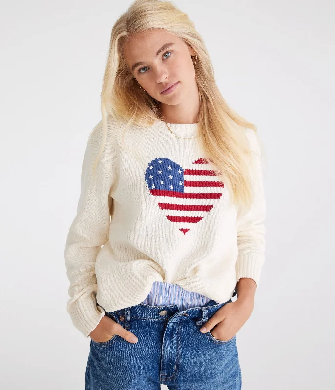 Aeropostale American Flag Heart Crew Sweater Slim Fit Regular Fit Oversized