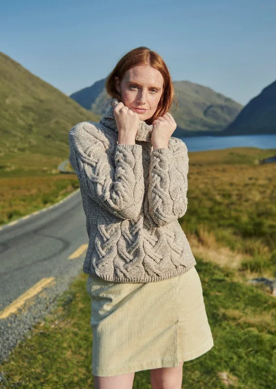 Aran Cowl Neck Chunky Sweater | Oatmeal Solid Color Striped Floral Print
