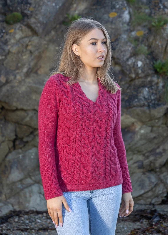 IrelandsEye Women's V Neck Aran Sweater | Bramble Berry Open Front Closed Front Wrap Front