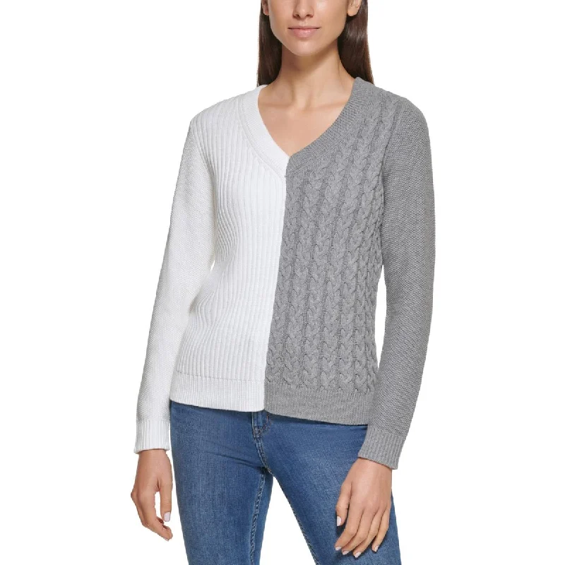 Calvin Klein Womens Colorblock Ribbed V-Neck Sweater Spandex Blend Rayon Blend Denim Blend Calvin Klein Womens Colorblock Ribbed V-Neck Sweater Spandex Blend Rayon Blend Denim Blend
