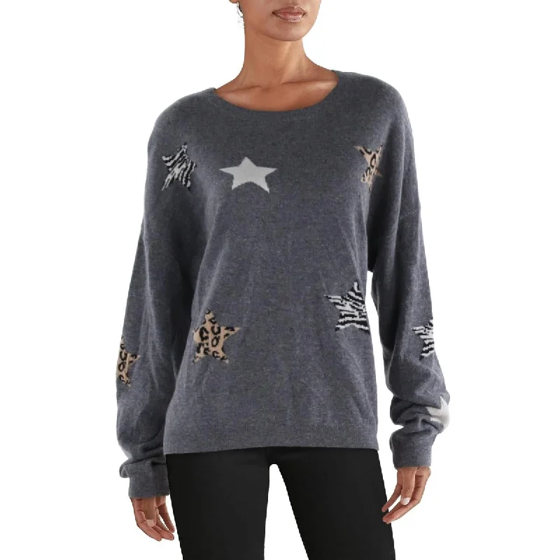 Chelsea & Theodore Womens Cashmere Printed Crewneck Sweater Satin Blend Silk Blend Wool Blend