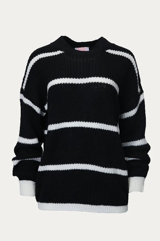 Cozy Striped Knit Sweater In Black/white Glossy Satin Silk