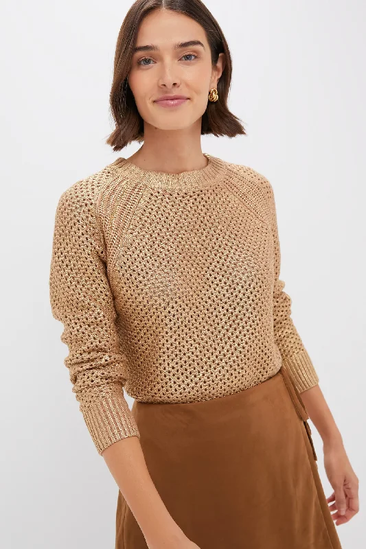 Gold Crochet Aspen Crewneck Sweater Welt Pockets Slit Pockets Flap Pockets