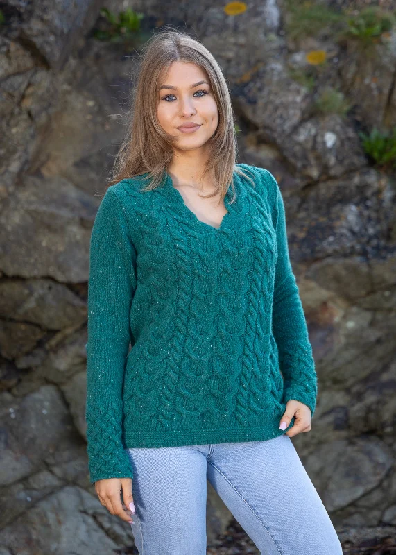 IrelandsEye Women's V Neck Aran Sweater | Green Garden Plaid Sweater Polka Dot Checkered IrelandsEye Women's V Neck Aran Sweater | Green Garden Plaid Sweater Polka Dot Checkered