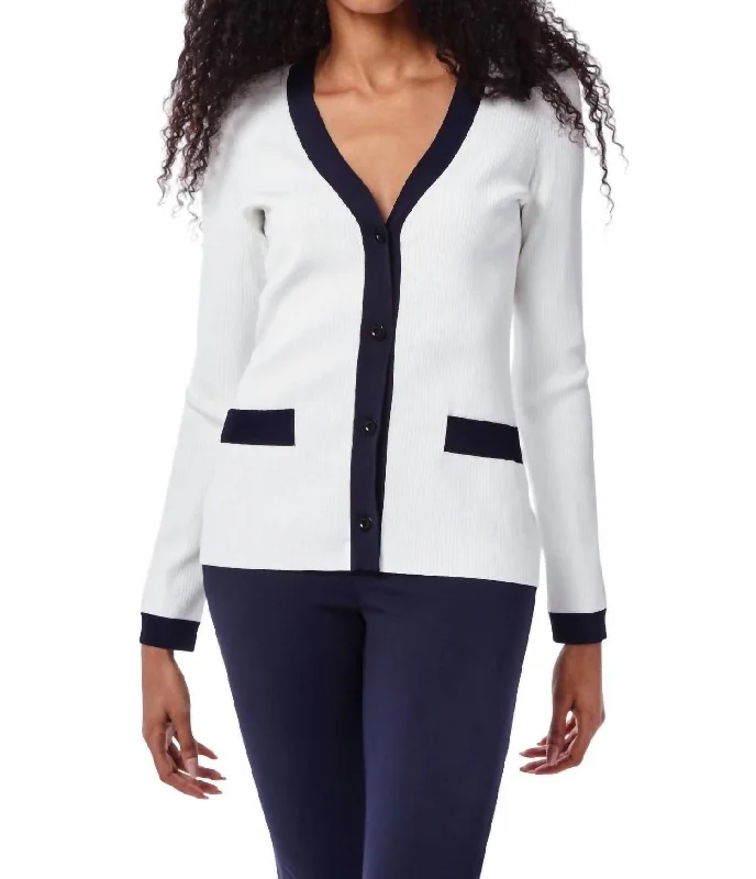 Hilda Sweater Blazer In White With Navy Trim Casual Formal Business