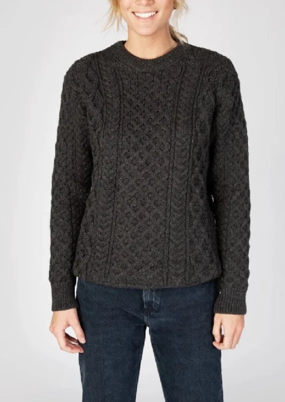 IrelandsEye Women's Aran Sweater | Graphite Chenille Brocade Lace