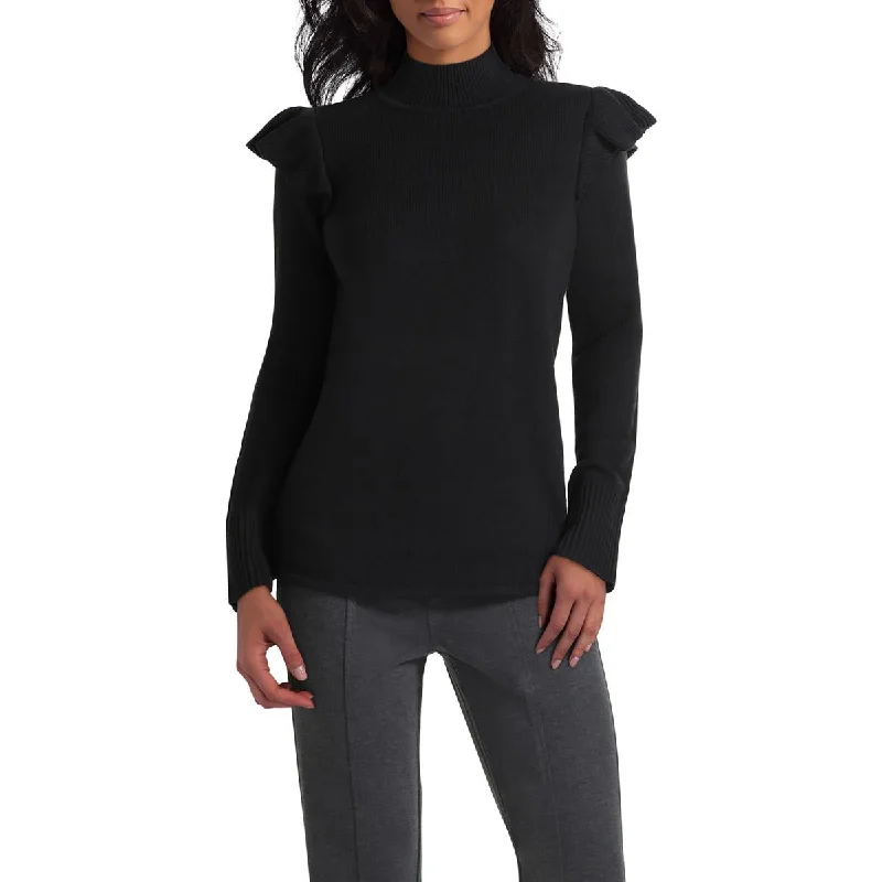 Isaac Mizrahi Womens Ribbed Trim Long Sleeve Mock Turtleneck Sweater Embroidered Appliqued Beaded