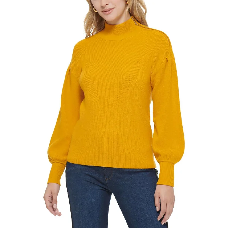Karl Lagerfeld Paris Womens Pleated Bishop Sleeve Mock Turtleneck Sweater Ribbed Striped Patterned Karl Lagerfeld Paris Womens Pleated Bishop Sleeve Mock Turtleneck Sweater Ribbed Striped Patterned