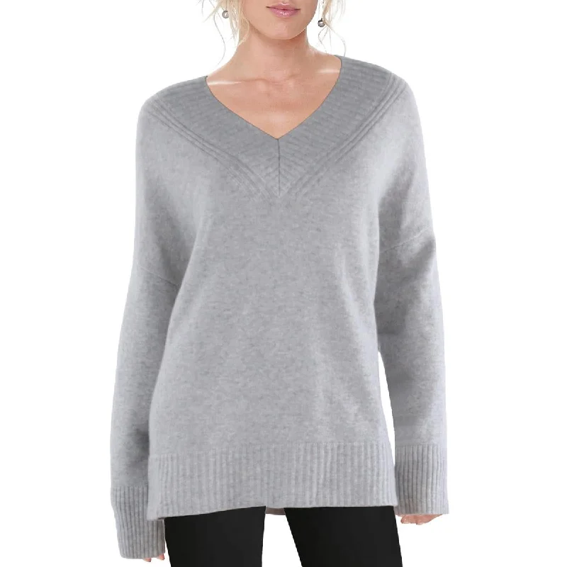 Lafayette 148 New York Womens Cashmere Ribbed Knit V-Neck Sweater Fitted Slim Tailored