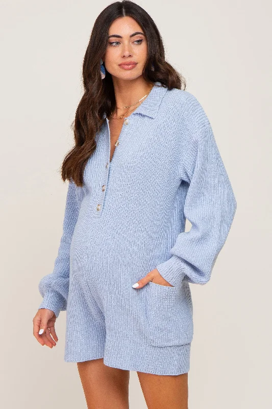 Light Blue Button Down Maternity Sweater Romper Elegant Classic Vintage