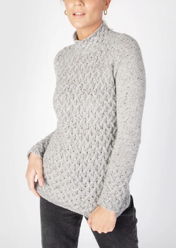 IrelandsEye Women's Trellis Aran Sweater | Grey Houndstooth Herringbone Solid