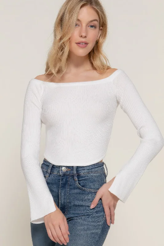 Long flare slv off shoulder sweater Seamless Knitted Crochet