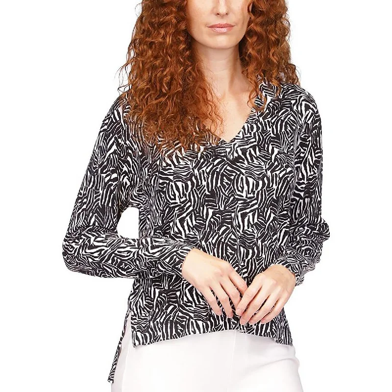 MICHAEL Michael Kors Womens Animal Print Long Sleeve V-Neck Sweater Herringbone Houndstooth Plaid MICHAEL Michael Kors Womens Animal Print Long Sleeve V-Neck Sweater Herringbone Houndstooth Plaid