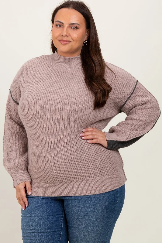 Mocha Mock Neck Colorblock Plus Sweater Cable Knit Ribbed Knit Lace Knit