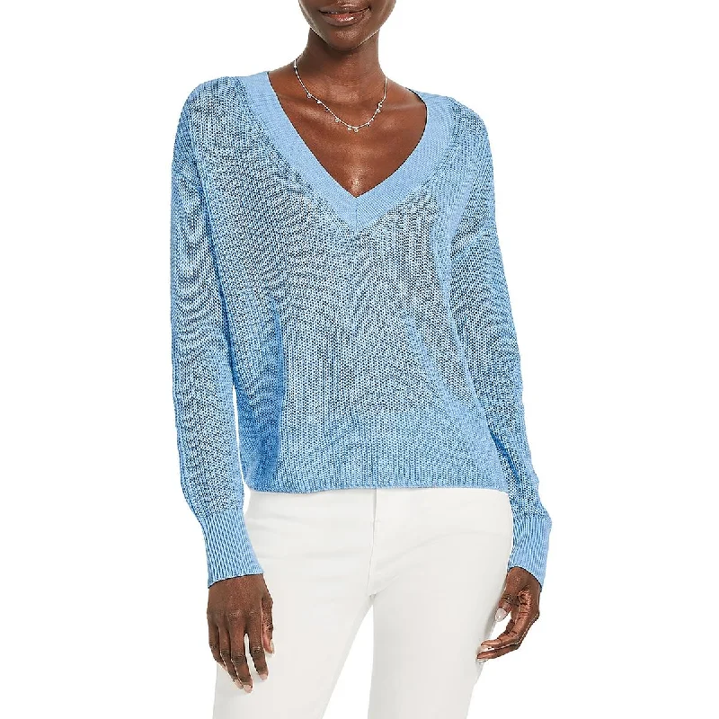 Nic + Zoe Womens Ribbed Trim Cropped V-Neck Sweater Fleece Sweater Nylon Polyester