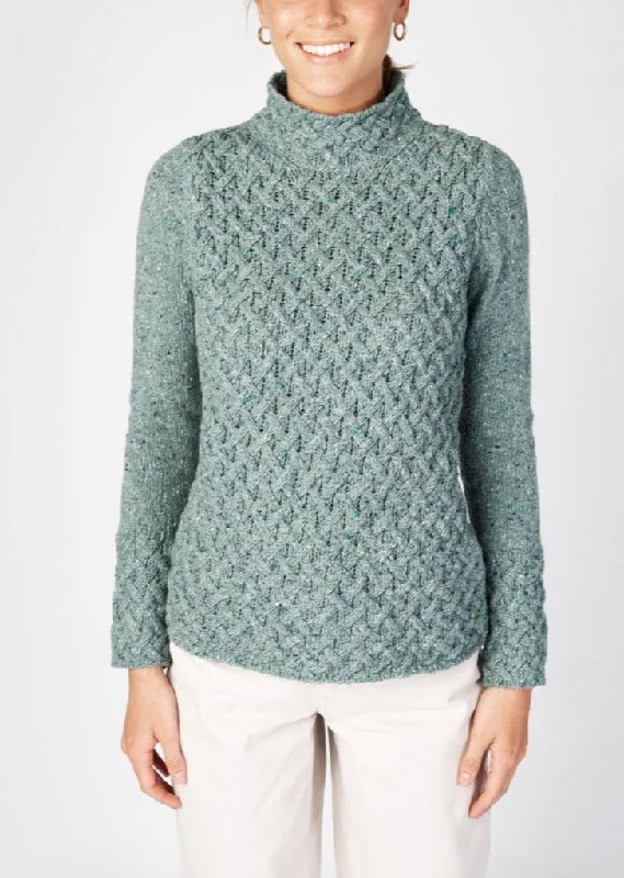 IrelandsEye Women's Trellis Aran Sweater | Ocean Mist Collared Crew Neck Turtle Neck