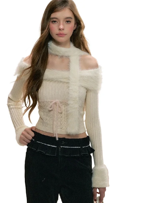 Off-shoulder Vintage Knitted Sweater Satin Blend Silk Blend Wool Blend