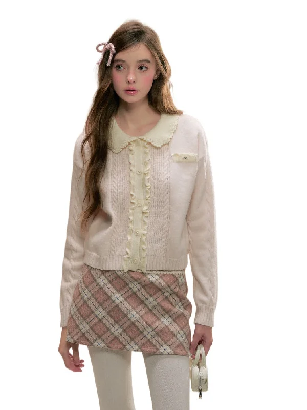 Pink Ruffle Knit Sweater Glossy Satin Silk