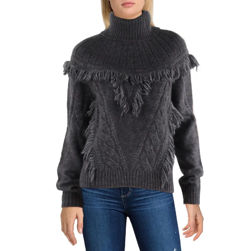 Ramy Brook Womens Wool Blend Fringe Mock Turtleneck Sweater Polka Dot Checkered Tartan